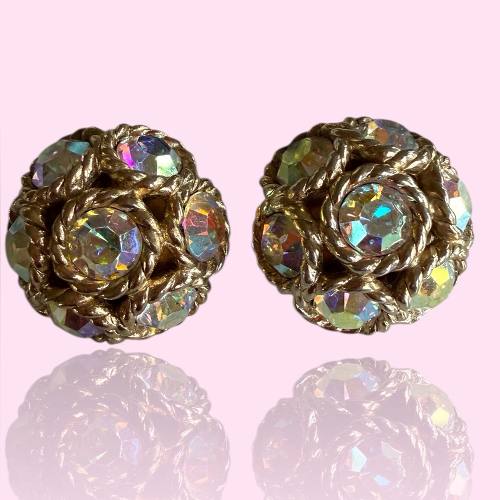 Sarah Co. Vintage Gold-Tone Aurora Crystal Cluster Clip Earrings